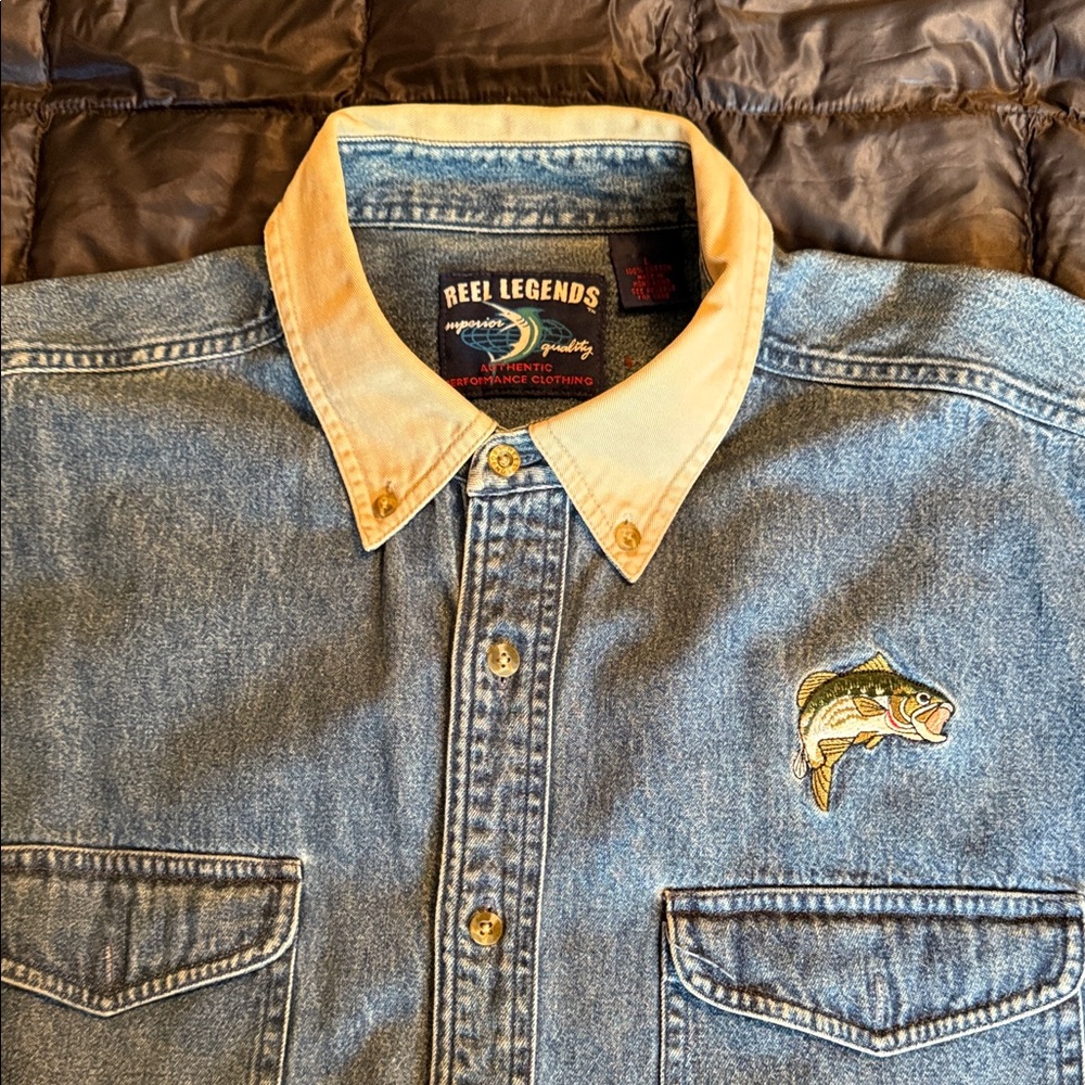 Reel Legends Blue Denim Shirt with Embroidered Fish Patch L
